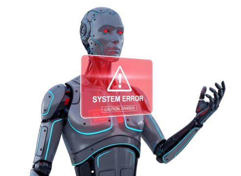Robot holding a red warning sign isolated on transparent background - Powered by Adobe
