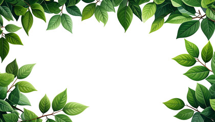 Lush green leaves and branches frame a stark black backdrop, creating a botanical border effect