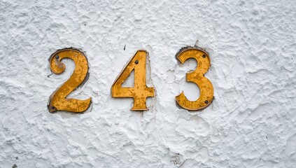 Golden yellow metal digits 243 on a white plaster wall, close-up view.