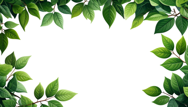 Lush green leaves and branches frame a stark black backdrop, creating a botanical border effect