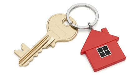 Golden key with a red houseshaped keychain, isolated on white background