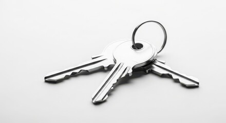 A set of three silver keys on a ring, isolated on white background
