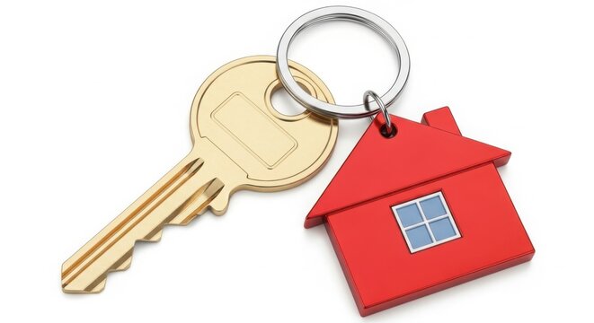 Golden house key with red house keychain isolated on white background