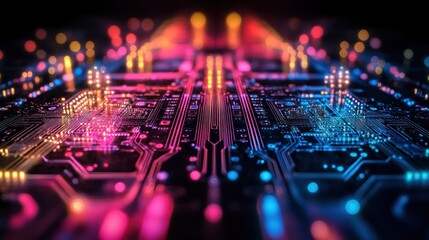 Futuristic circuit board with vibrant glowing pathways