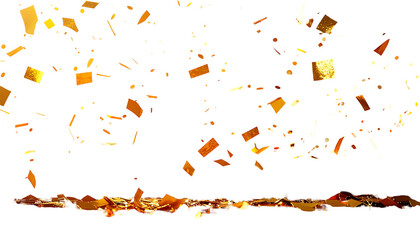 Golden confetti falling against a black backdrop, with some on a surface creating a shimmering effect