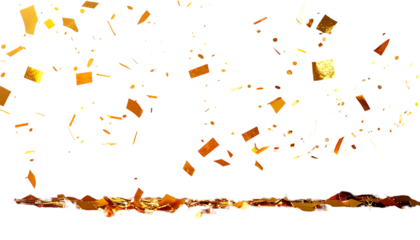 Golden confetti falling against a black backdrop, with some on a surface creating a shimmering effect