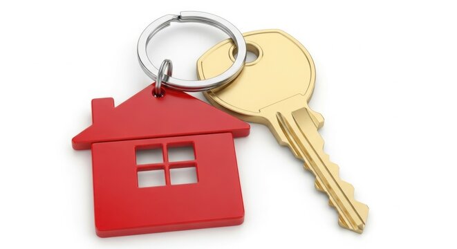 Golden house key with red house keychain isolated on white background