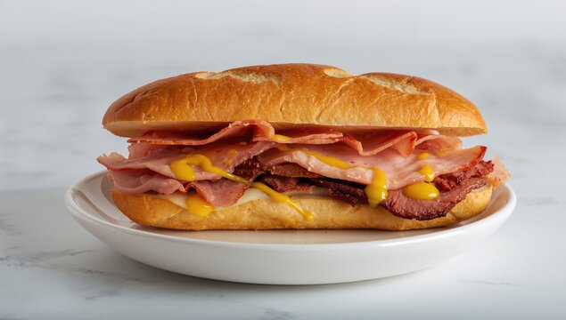 Sandwich featuring layers of ham and cheese served on a dish