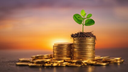 Money saving concept illustrated by a plant sprouting from a pile of coins at sunset