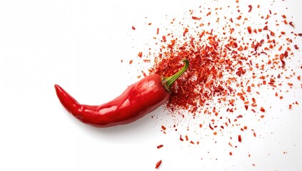 Red chili pepper exploding with chili flakes on a white backdrop
