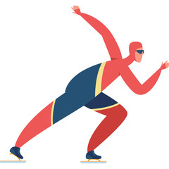 Speed Skater in Red and Blue Outfit in Motion on Ice Skates with Transparent Background and...