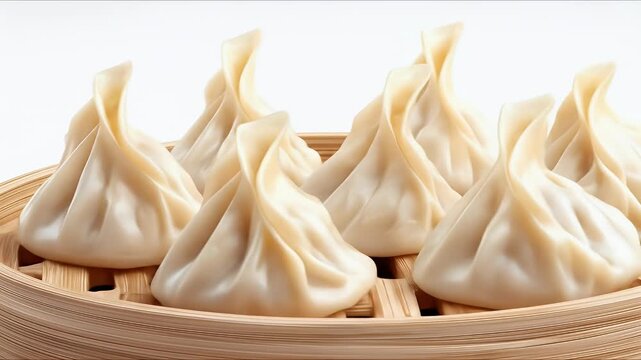 Delicious Steamed Dumplings on Bamboo Steamer, White Background.