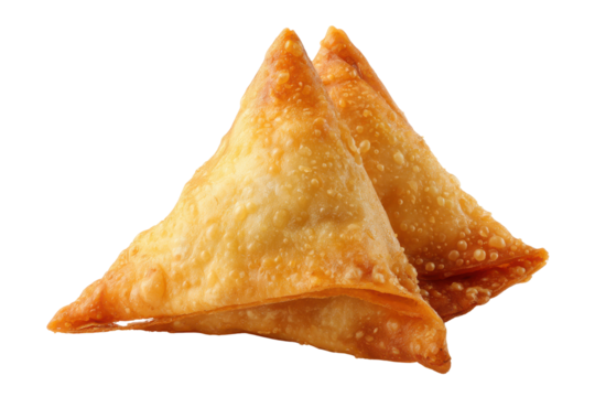 Two golden brown fried samosas with crispy textured pastry on black food, Isolated On Transparent Background, Png Cut Out