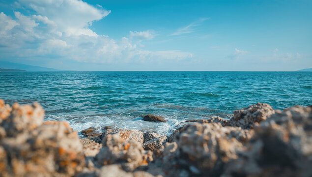 Seaside perspective of a rugged coastline with blurred backdrop and empty space for text. Famous travel destination by the ocean.