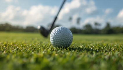 A golf ball positioned on lush green turf, prepared for a swing at a golf course.