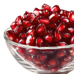 Pomegranate seeds in clear glass bowl sparkling jewel look on transparent background