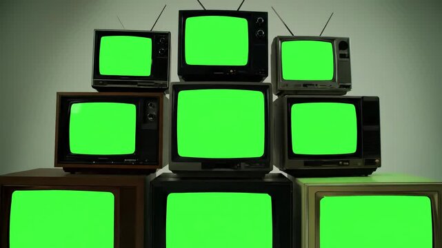 Chroma Key Television Wall with stacked retro vintage tvs turning on green screens you can replace screen the footage or picture want lkeyingr effect in ae check out tutorials internet distortion