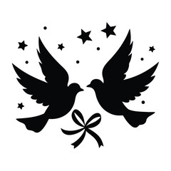 Flying doves with stars and ribbons New Year peace concept