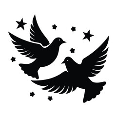 Flying doves with stars and ribbons New Year peace concept