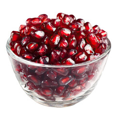 Pomegranate seeds in clear glass bowl sparkling jewel look on transparent background