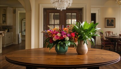 Spacious oval-shaped wooden dining table illuminated by an overhead chandelier, decorated with a flower vase and a green plant in a pot
