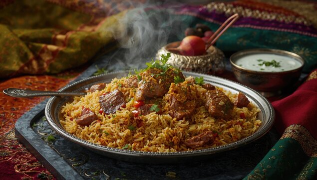 Hyderabadi Dum Biryani Served with Raita Yogurt Sauce for Festive Celebrations like Ramadan and Eid