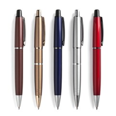 Fototapeta premium Five sleek, metallic pens in varying colors laid out on a clean white surface
