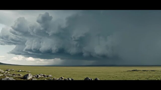 A vast green plain is dominated by a massive, dark storm cloud. Scattered rocks dot the foreground. A distant horizon can be seen
