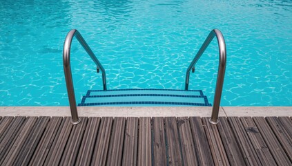 Turquoise clear water swimming pool with metal stainless stairs and open deck planking in the background. Pool steps with handrails leading down.