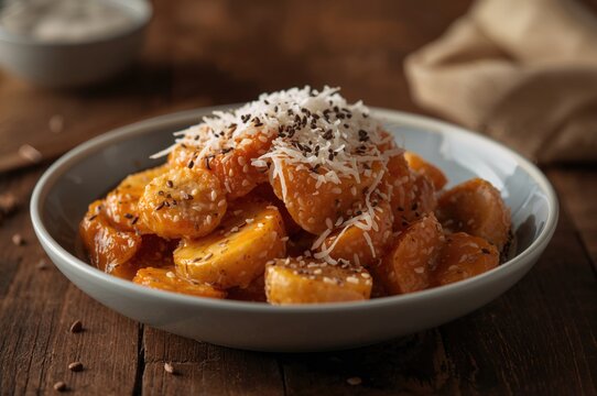 A classic Southeast Asian treat called kolak pisang features bananas and sweet potatoes cooked in a rich palm sugar syrup.