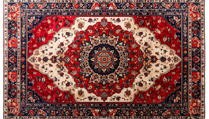 Richly decorated rug with red, cream, and blue floral patterns displayed in a symmetrical, rectangular format