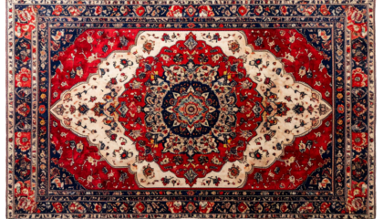 Richly decorated rug with red, cream, and blue floral patterns displayed in a symmetrical, rectangular format
