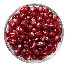Pomegranate seeds in clear glass bowl sparkling jewel look on transparent background
