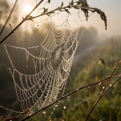Dew-Kissed Web Spiderweb Serenity Weaving Intricacy Nature's Delicate Tapestry Geometric Design Sunny Morning