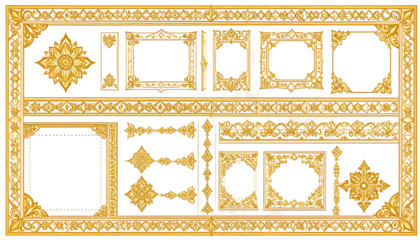 Golden frames & decorative motifs set on white. Ornate, symmetrical patterns in a classical, traditional style