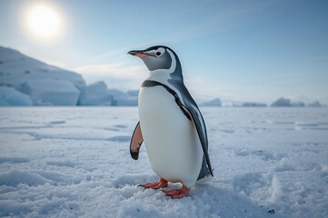 Fototapeta premium Penguin species standing on snowy terrain in a frigid setting