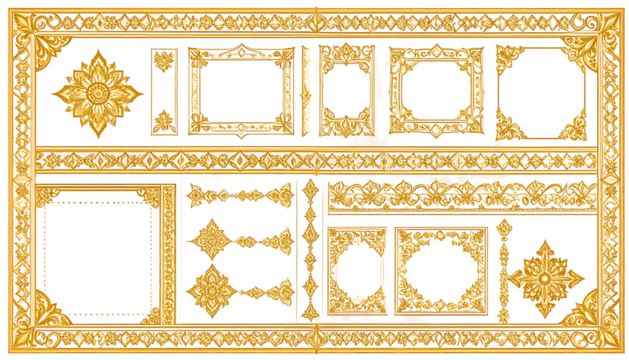 Golden frames & decorative motifs set on white. Ornate, symmetrical patterns in a classical, traditional style