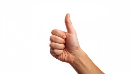 Thumbs up gesture by a man's hand on a plain white backdrop