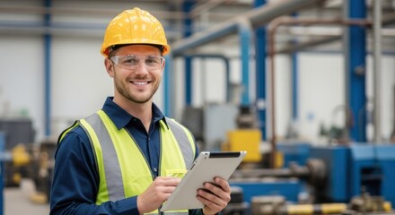 A smiling man in a hard hat and safety vest holding a tablet in a factory setting.