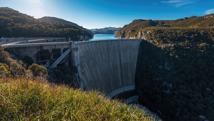 Massive curved dam located on an island state
