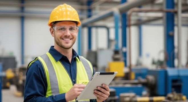A smiling man in a hard hat and safety vest holding a tablet in a factory setting.
