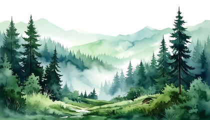 Lush landscape painting with verdant trees, soft rolling hills, and a gentle, hazy atmosphere