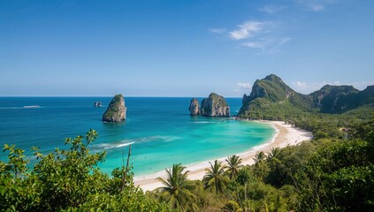 Fototapeta premium Breathtaking Beach Featuring Crystal Clear Blue Waters and Scattered Islets