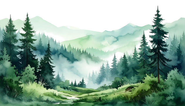 Lush landscape painting with verdant trees, soft rolling hills, and a gentle, hazy atmosphere