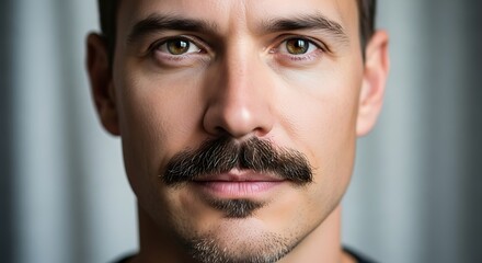 A closeup portrait of a man with a thick, well groomed moustache, detailed facial hair texture and skin tone visible, neutral background, ultra realistic, 8k resolution

