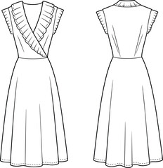 Sleeveless dress fashion flat sketch, vector technical illustration with front and back view, wrap bodice, ruffled trim, flared skirt, garment construction drawing template