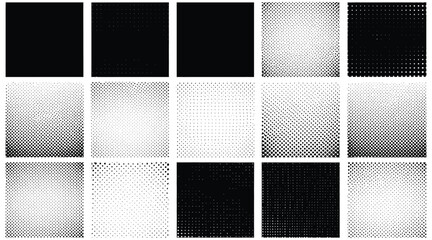 Vector art of collection of halftone textures in black and white, offering a variety of patterns for graphic design, illustration, and background use