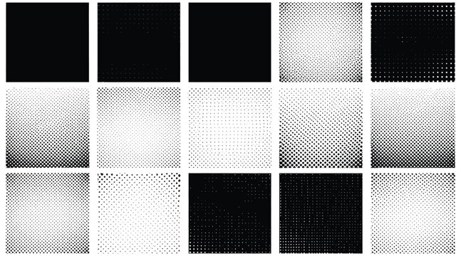 Vector art of collection of halftone textures in black and white, offering a variety of patterns for graphic design, illustration, and background use