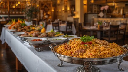Fototapeta premium Traditional dishes showcasing Peruvian flavors, including gourmet arroz con pollo, presented in a buffet format.