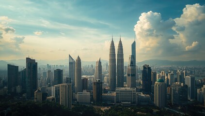 Afternoon cityscape featuring tall buildings under a vibrant sky